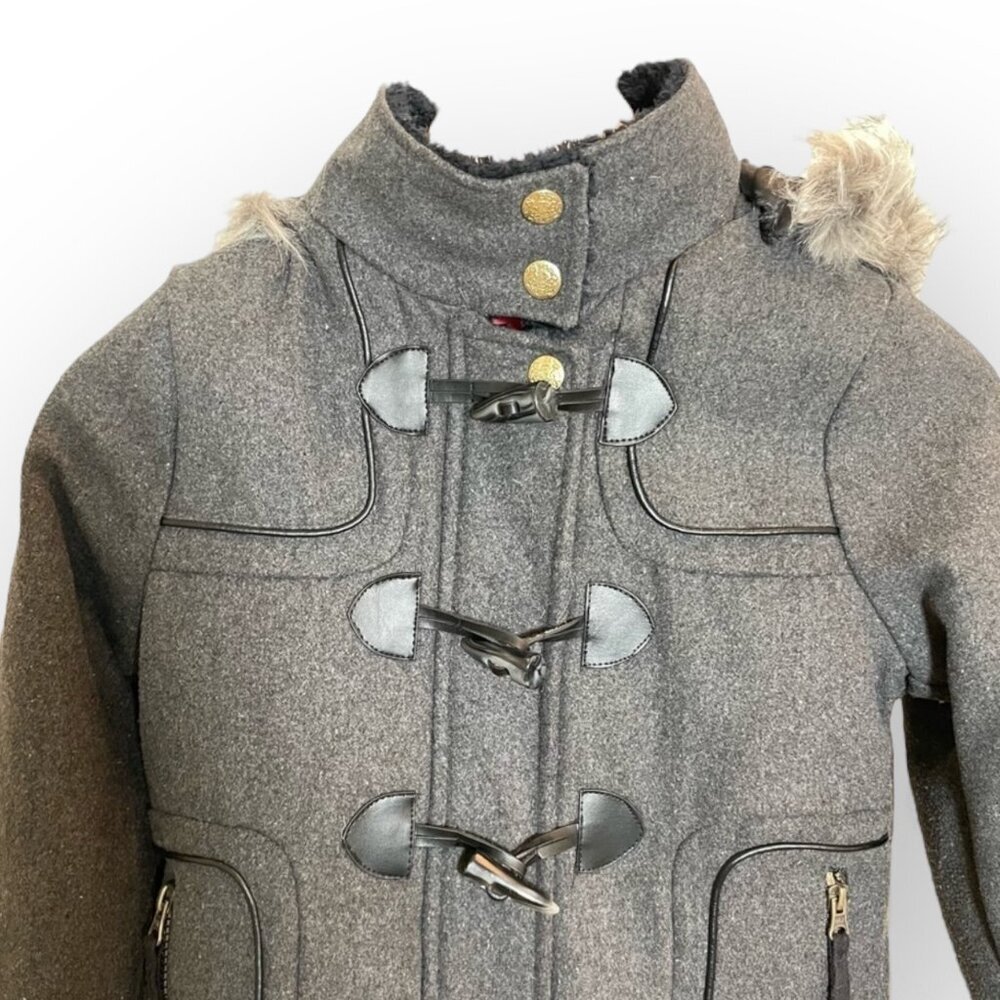 London Fog Jacket Faux Fur Hood Gray Coat Alpine Swiss Parka Size Girls Large 14 - Picture 4 of 16
